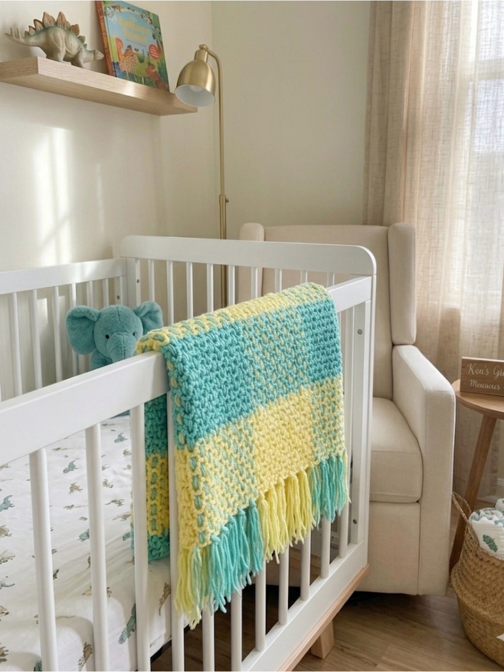 Hand Crocheted Checkerboard Throw Aqua Yellow Fringe 42x39